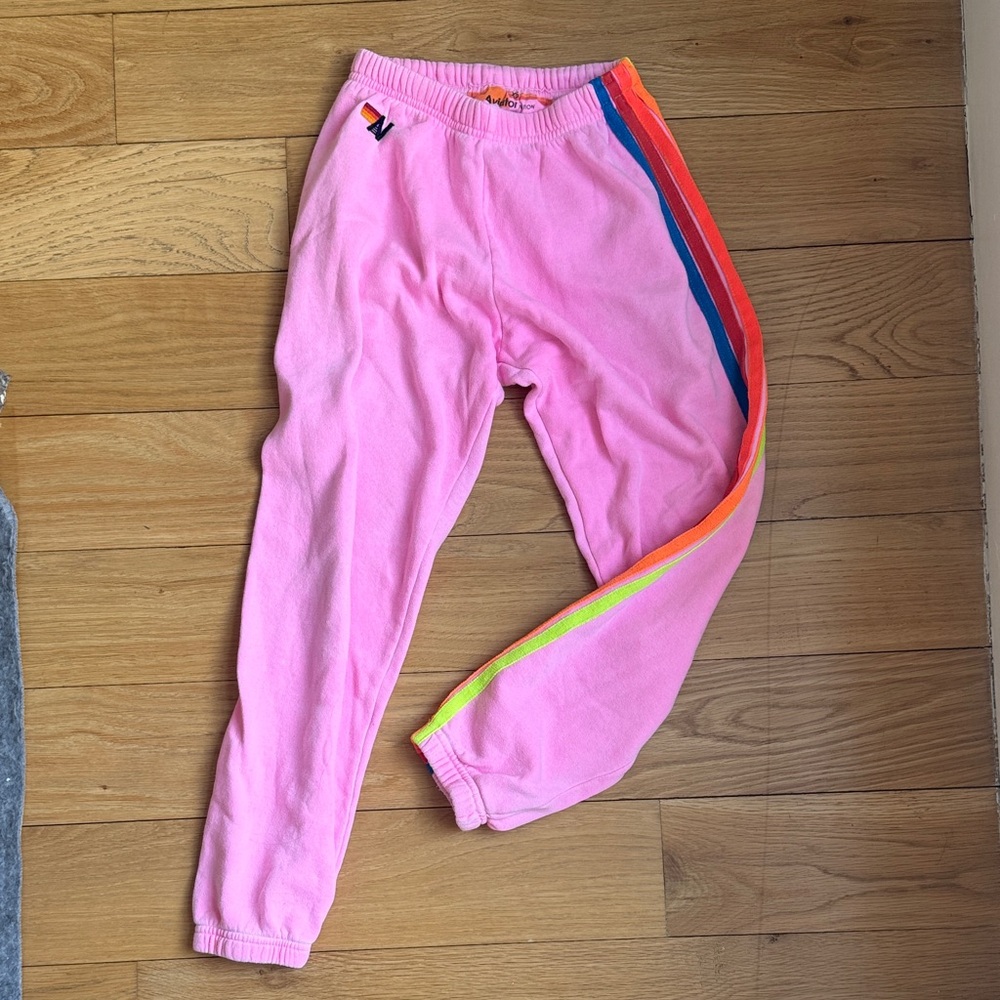 Aviator Nation Pink Joggers with Rainbow Stripes